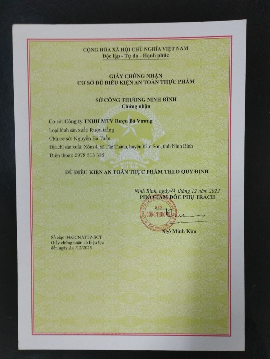 Giấy chứng nhận cơ sở đủ điều kiện an toàn thực phẩm